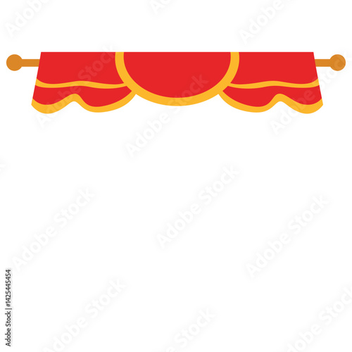 A simple red curtain valance with scalloped edges, mounted on a horizontal yellow rod. Ideal for stage top decor or theater-themed illustrations.