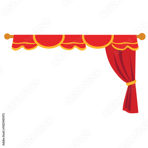 Classic red stage curtain tied on the left side with a yellow band. Features a scalloped valance top, perfect for performance or theater themes.