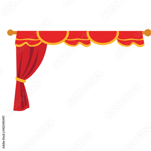 Classic red stage curtain tied on the left side with a yellow band. Features a scalloped valance top, perfect for performance or theater themes.