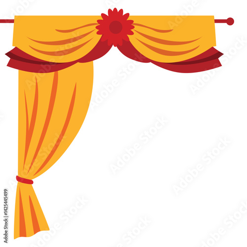 Yellow and red decorative stage curtain tied to the left side. Elegant swag design on top, perfect for theatrical backdrops or event decorations.
