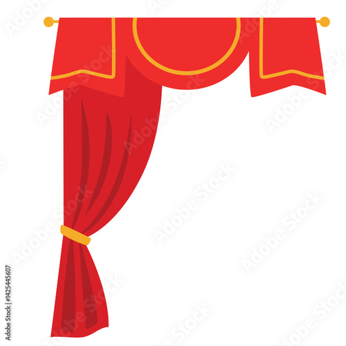 Classic red stage curtain tied on the left side with a yellow band. Features a scalloped valance top, perfect for performance or theater themes.