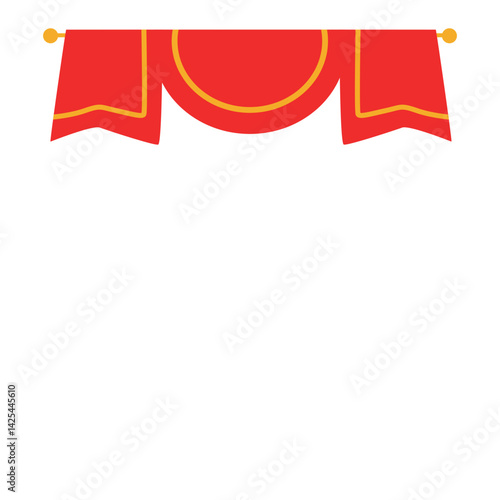 A simple red curtain valance with scalloped edges, mounted on a horizontal. Ideal for stage top decor or theater-themed illustrations.