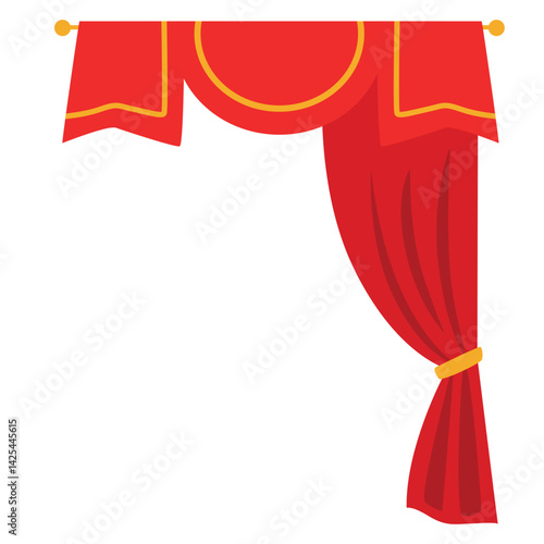 Classic red stage curtain tied on the left side with a yellow band. Features a scalloped valance top, perfect for performance or theater themes.