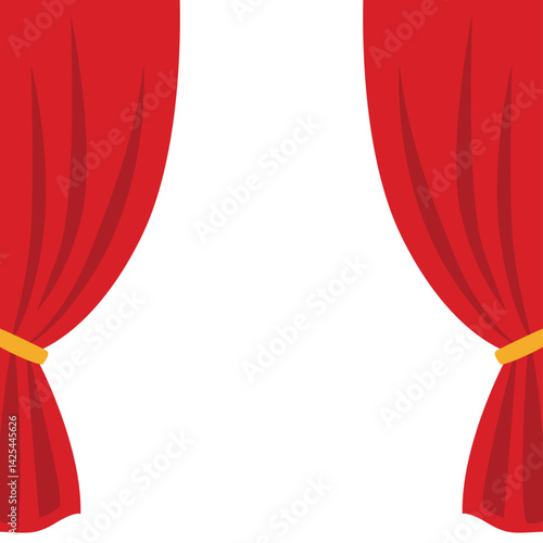 Bright red curtains tied back on both sides, creating a theatrical frame. Classic stage or performance design with a simple and clean layout.