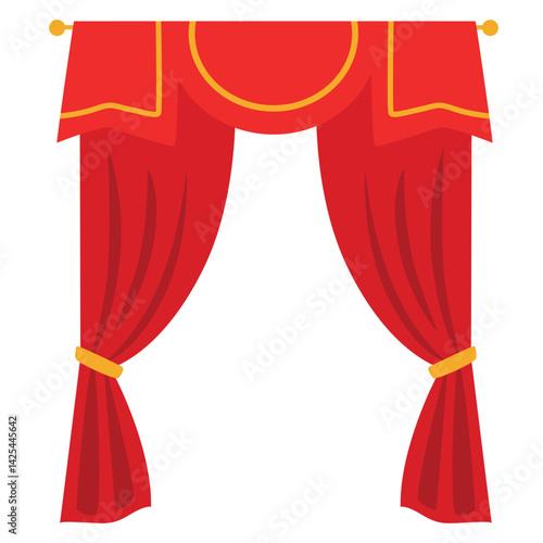 Bright red curtains tied back on both sides, creating a theatrical frame. Classic stage or performance design with a simple and clean layout.