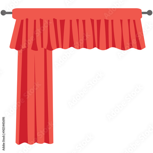 Classic red stage curtain tied on the left side with a yellow band. Features a scalloped valance top, perfect for performance or theater themes.
