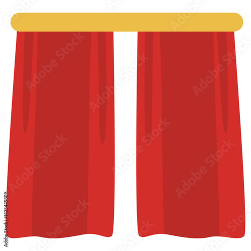 A classic red curtain with yellow tiebacks and scalloped valance, hanging open on both sides of a window in a home interior setting.