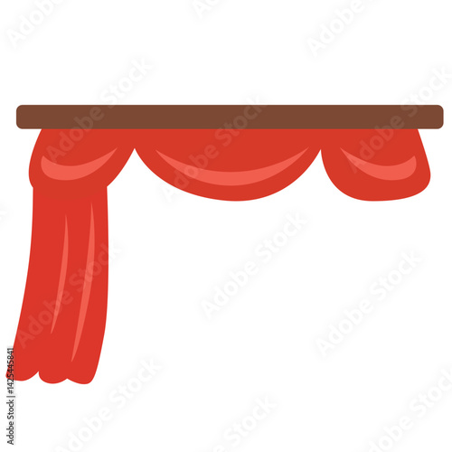 Classic red stage curtain tied on the left side with a yellow band. Features a scalloped valance top, perfect for performance or theater themes.