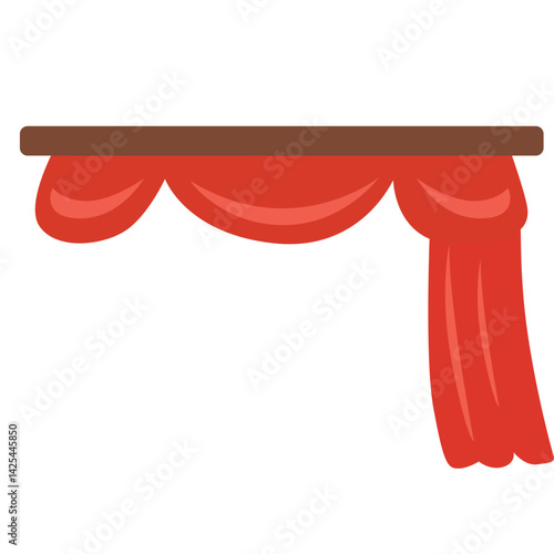 Classic red stage curtain tied on the left side with a yellow band. Features a scalloped valance top, perfect for performance or theater themes.