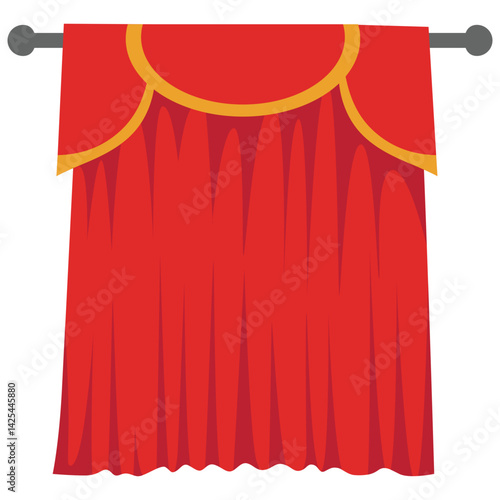 A red stage curtain hanging from a rod, fully closed and pleated. Perfect for theater backdrops, performance scenes, or stage-themed graphics.