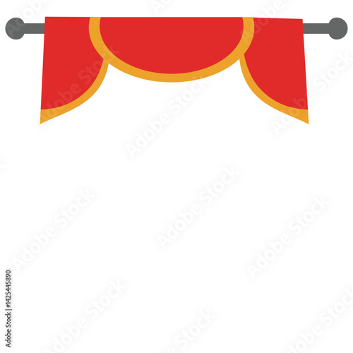 A simple red curtain valance with scalloped edges, mounted on a horizontal. Ideal for stage top decor or theater-themed illustrations.