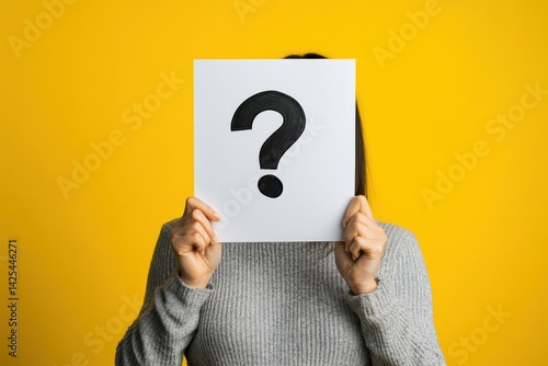 A woman holds a paper with a question mark in front of her face