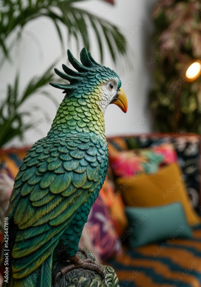Obraz premium Vibrant parrot sculpture in tropical living room setting