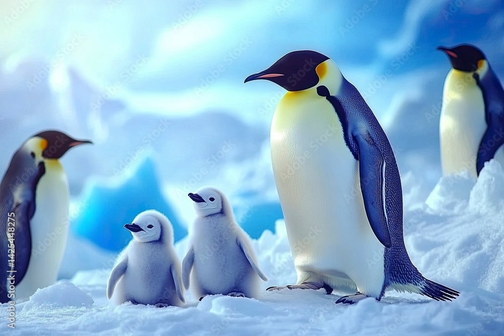 Fototapeta premium A group of emperor penguins standing together on the snow-covered ground, surrounded by other chicks and adults. The backdrop is an icy landscape with blue icebergs in the distance. High-resolution 