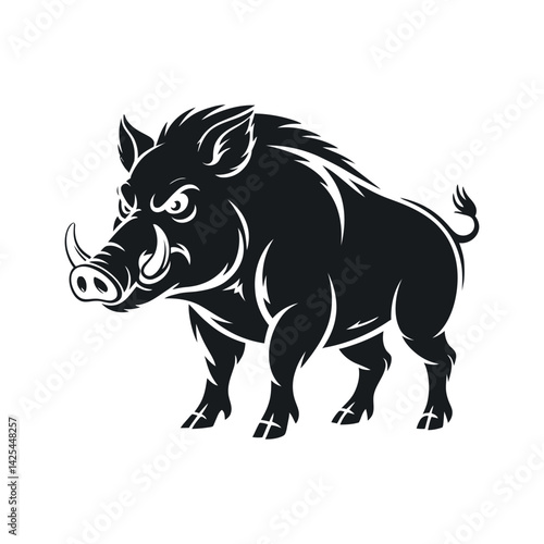 Wild Boar Silhouette Aggressive Animal Vector Illustration Mammal Hog Isolated Feral Pig Wildlife Swine Dangerous Beast Tusk Symbol Strength