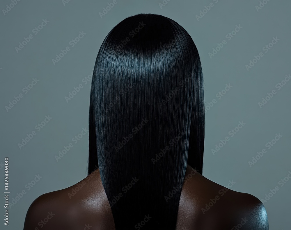 Fototapeta premium The back view of a woman displaying her very long, flowing black hair