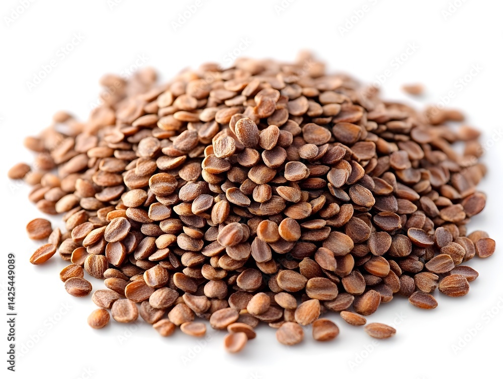 A close-up shot reveals a large pile of small brown seeds against a bright white background ideal for agricultural or food contexts. A close-up shot reveals a large pile of small brown seeds against a bright white background ideal for agricultural or food contexts.