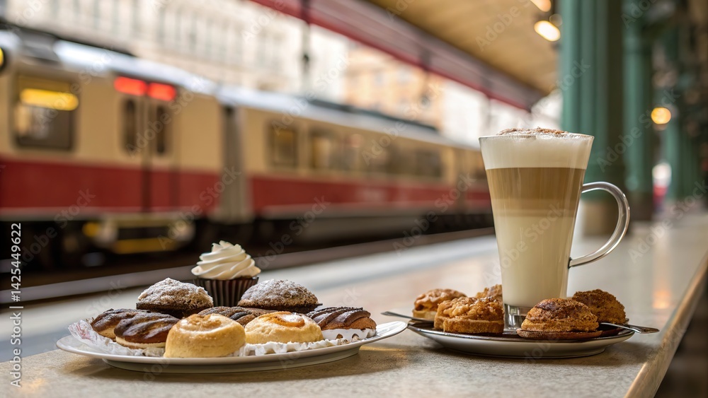 Latte and delicious pastries displayed at a bustling train station cafe during mid-morning hours with a train in the background Latte and delicious pastries displayed at a bustling train station cafe during mid-morning hours with a train in the background