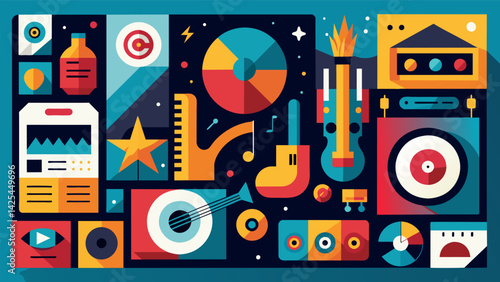 A musicthemed art exhibit is held featuring pieces inspired by album covers from different record labels. Vector illustration