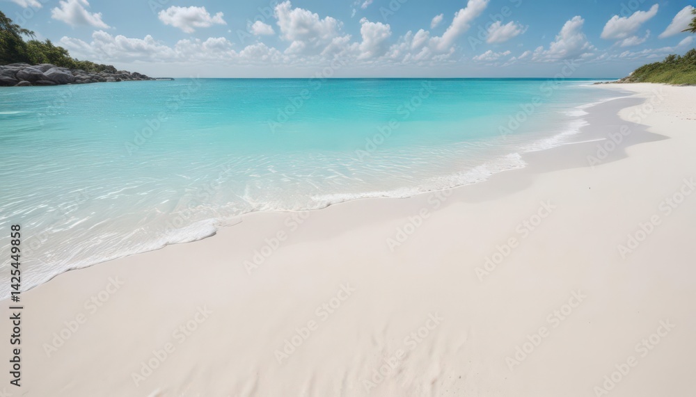 Obraz premium White sand beach, turquoise water gently rolling in , blue, wave