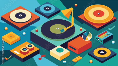 A montage of different record players spinning and records being flipped showcasing the variety of styles and colors in the animation. Vector illustration