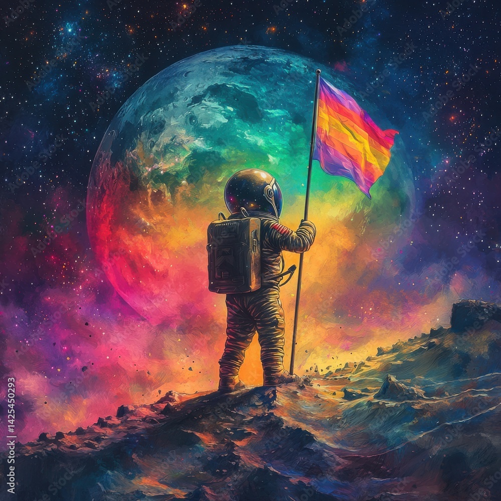 National Space Day Astronaut planting a flag on a colorful lunar landscape with a vibrant planet in the background.