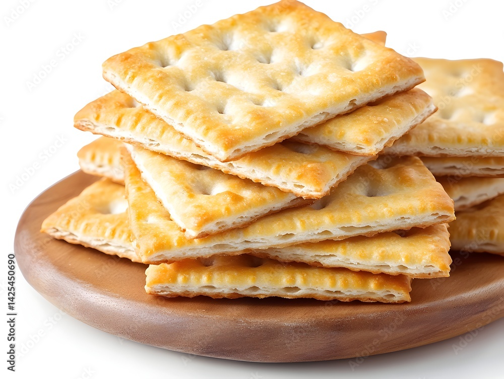 A delicious stack of golden brown crackers rests on a rustic wooden plate against a pure white background. A delicious stack of golden brown crackers rests on a rustic wooden plate against a pure white background.
