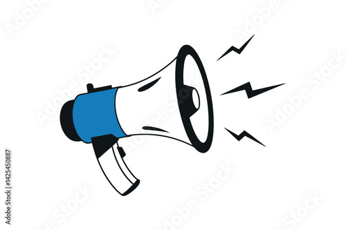 Blue And White Megaphone With Sound Waves On Plain Background For Annoucement Alert And Communication Design And Graphic Illustration