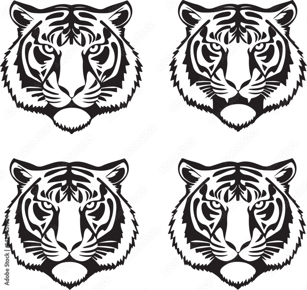 Fototapeta premium Massive Tiger Head Vector Collection: Diverse Black and White Illustrations