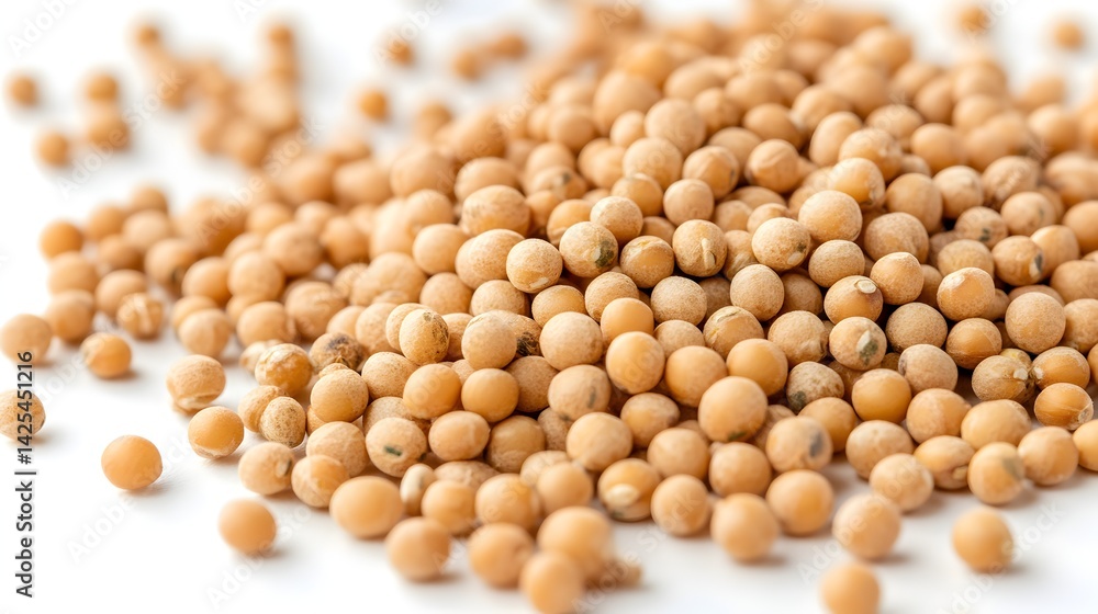 A close-up shot reveals a pile of dried yellow mustard seeds scattered on a pristine white background. A close-up shot reveals a pile of dried yellow mustard seeds scattered on a pristine white background.