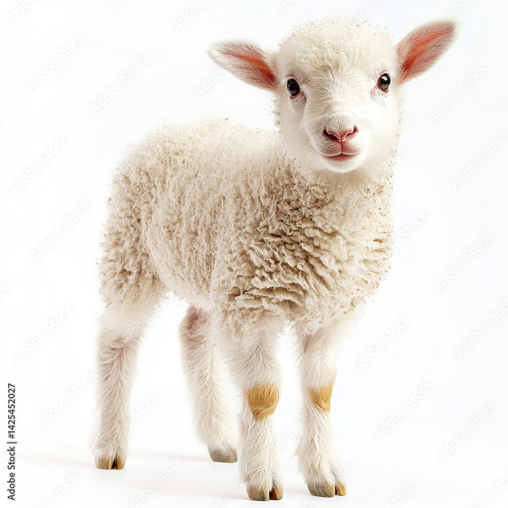 Fototapeta premium Lamb with fluffy white wool, isolated on white background