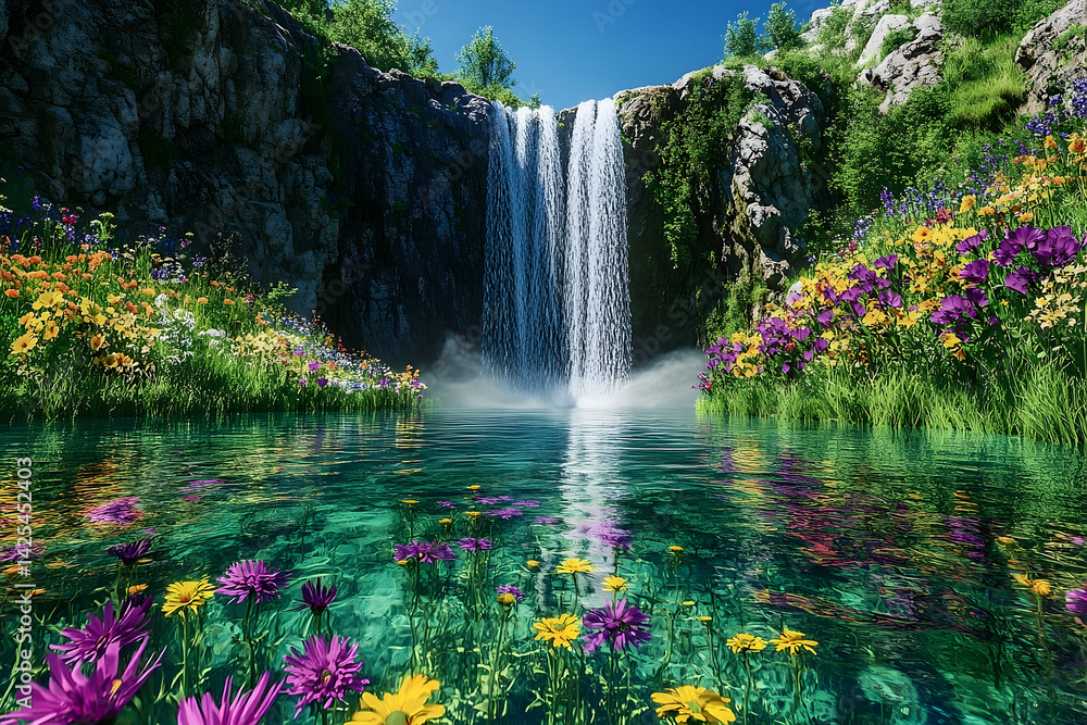 Naklejka premium Lush waterfall cascading into a vibrant floral pool.