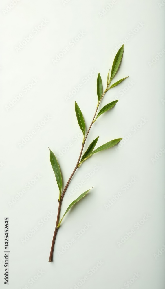 Fototapeta premium A single willow branch on a white background with subtle gradient, delicate, soft, willow branch