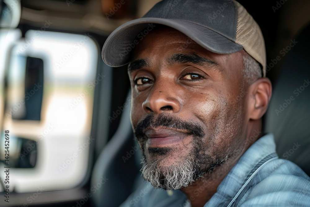 Generative AI portrait of a smiling truck driver inside a vehicle, showcasing a confident and professional demeanor Generative AI portrait of a smiling truck driver inside a vehicle, showcasing a confident and professional demeanor