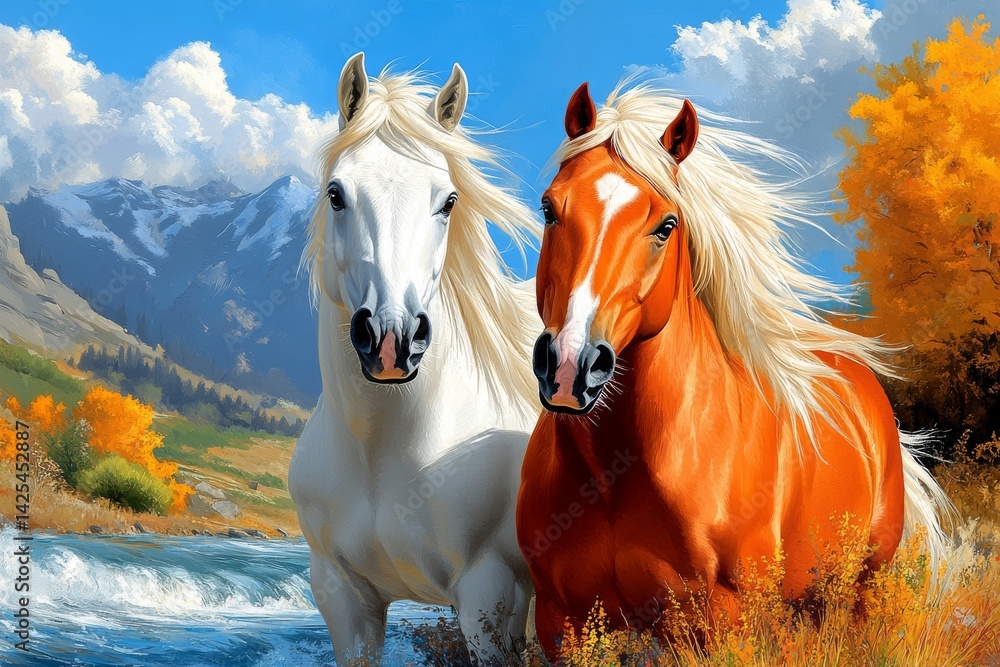 Fototapeta premium Majestic horses against the backdrop of untouched nature. Generative AI