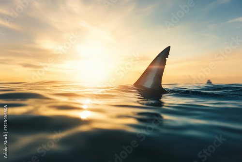 A triangular shark fin emerges from the ocean's calm surface. This striking image captures the fin's sharpness and the silent power of the sea predator beneath.