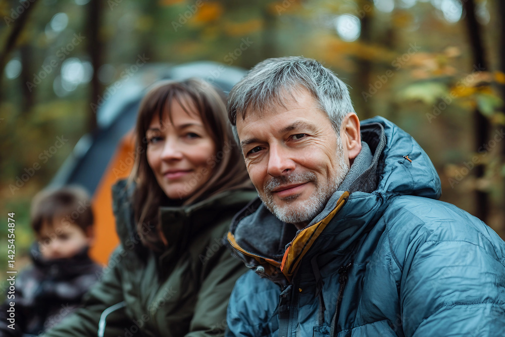 Couple enjoying autumn camping in forest, dressed in warm clothing and smiling together outdoors, generative ai Couple enjoying autumn camping in forest, dressed in warm clothing and smiling together outdoors, generative ai