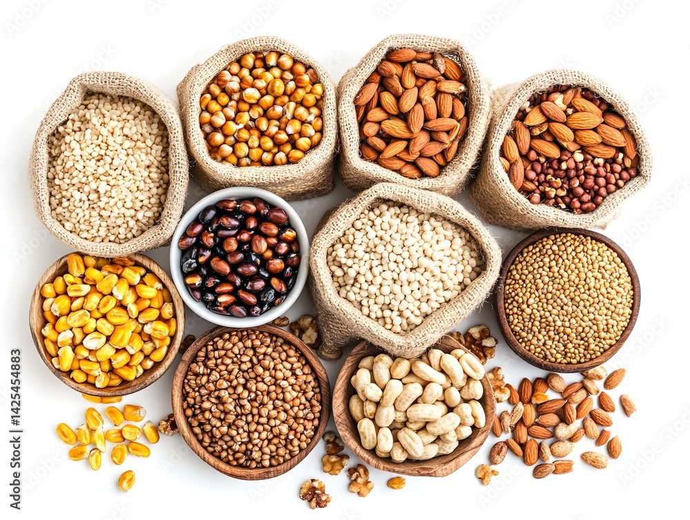 A collection of nutritious grains nuts and legumes in burlap sacks and bowls on a white background perfect for healthy eating concepts. A collection of nutritious grains nuts and legumes in burlap sacks and bowls on a white background perfect for healthy eating concepts.