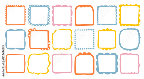 Doodle wave curve edge frame. Hand drawn wavy rectangle borders. Doodle brush drawn square and circle picture frame. Vector illustration isolated on white background.