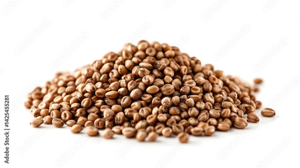 A large pile of light brown amaranth seeds sits on a plain white background ready for use in cooking or baking. A large pile of light brown amaranth seeds sits on a plain white background ready for use in cooking or baking.