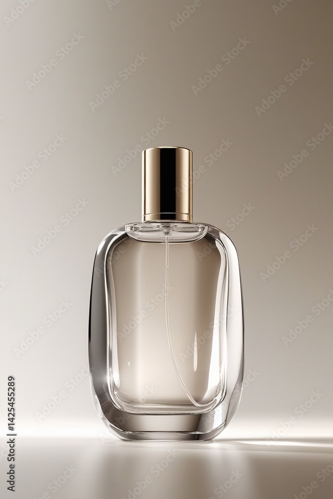 A single high-quality, elegant perfume bottle with a minimalist and luxurious design, made of crystal-clear glass with soft reflections and highlights A single high-quality, elegant perfume bottle with a minimalist and luxurious design, made of crystal-clear glass with soft reflections and highlights