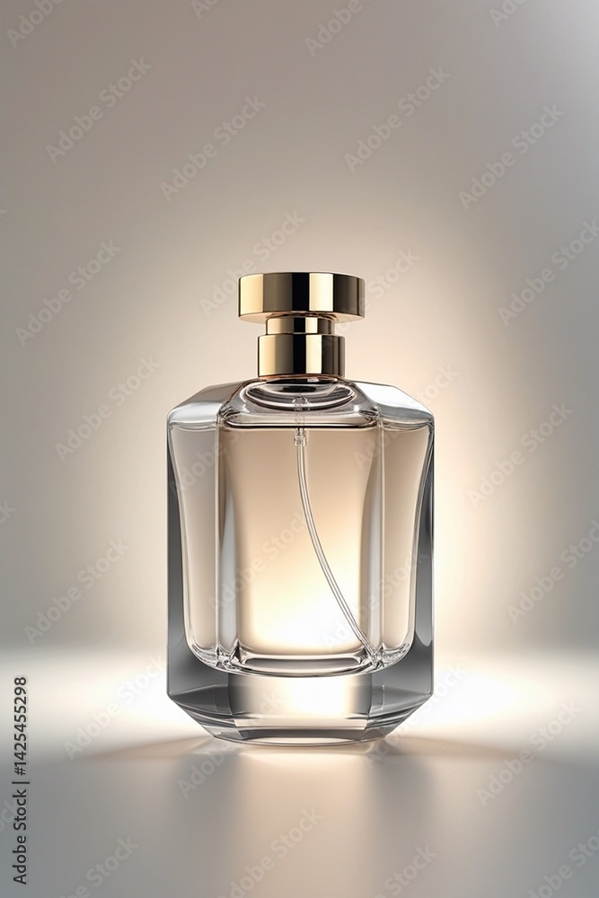 A single high-quality, elegant perfume bottle with a minimalist and luxurious design, made of crystal-clear glass with soft reflections and highlights A single high-quality, elegant perfume bottle with a minimalist and luxurious design, made of crystal-clear glass with soft reflections and highlights