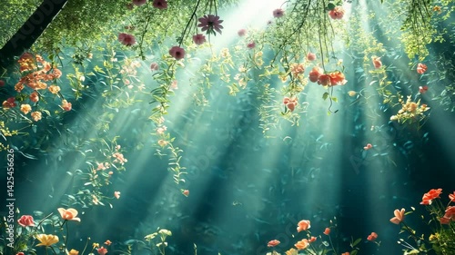Sunlight streams through vibrant flowers in tranquil forest garden scene