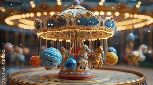 National Space Day A whimsical carousel featuring planets and horses, illuminated with enchanting lights.