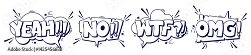 Black and white speech bubbles with words yeah, no, wtf, omg words.