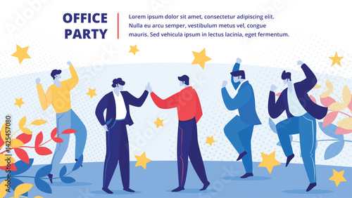 Boisterous office party scene with dancing employees and festive decor