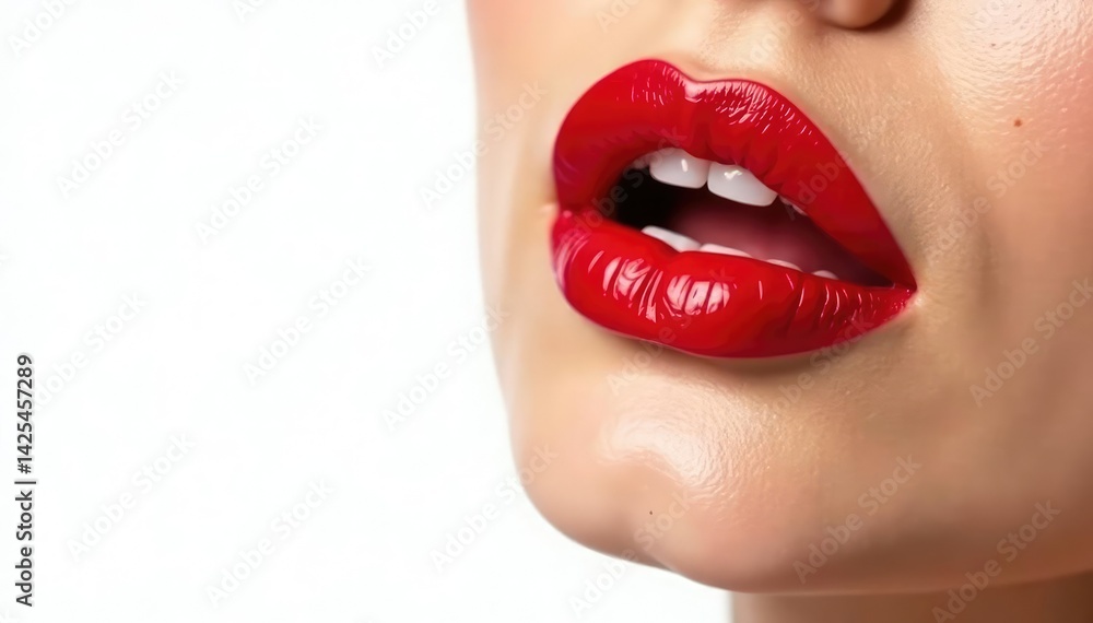 Close-up vibrant red lipstick, pristine white backdrop, lip balm, lips, lip Close-up vibrant red lipstick, pristine white backdrop, lip balm, lips, lip