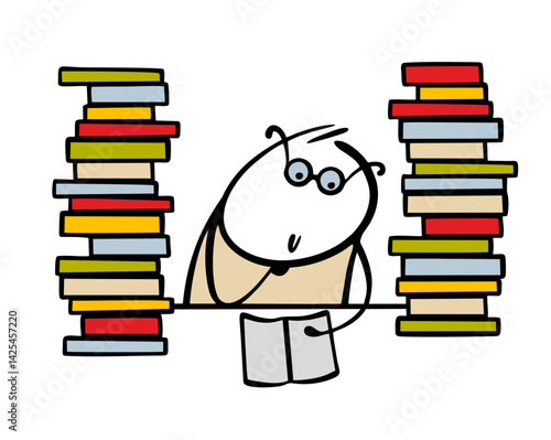 Bookworm sits at a table in a library among a mountain of books. Vector illustration of a smart student reading a textbook, preparing for exams. Cartoon character isolated on white background.
