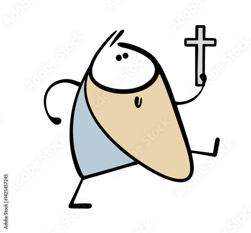 Doodle priest with a long beard carries a cross. Vector illustration of religion and faith in God. Cartoon character isolated on white background.