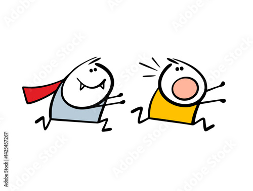 Funny vampire with fangs catches up with the victim. Vector illustration of Halloween costume, kids playing. The boy runs away from the monster. Cartoon character isolated on white background.
